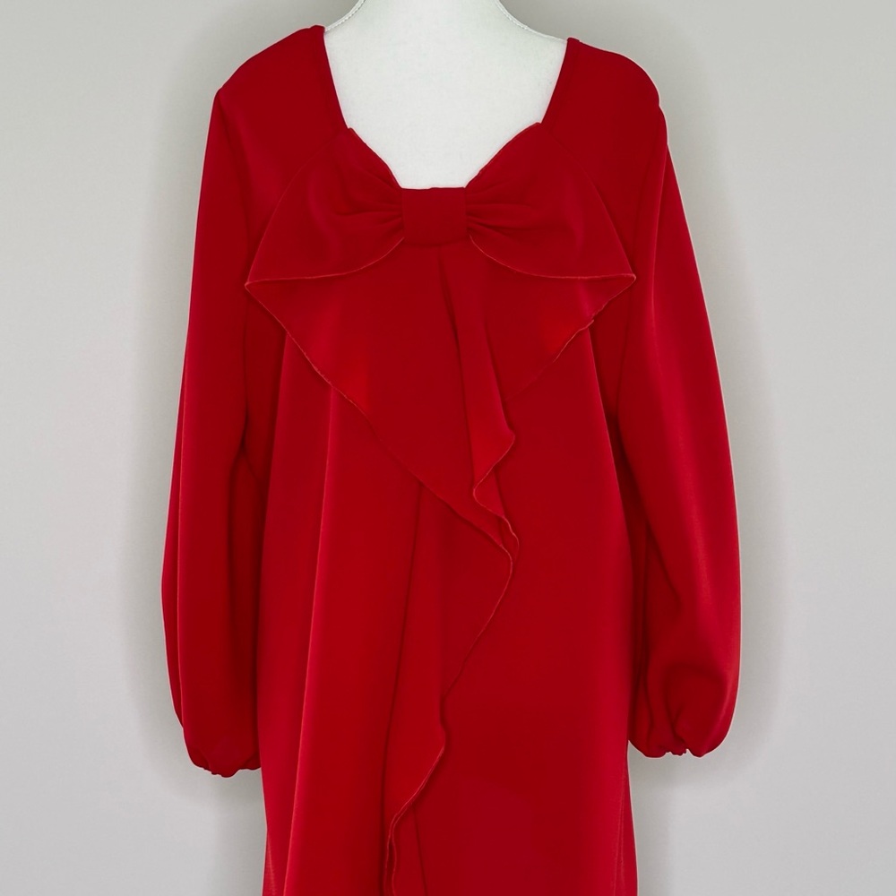 Red Babydoll Dress with Square Neck and Bishop Sleeves